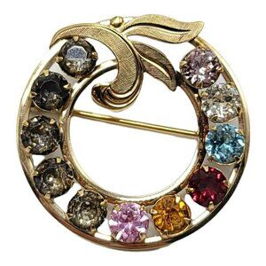 Van Dell 12k Gold Filled Multi-Color Rhinestone Wreath Pin Brooch Vintage